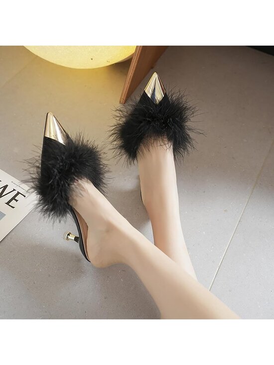 Mepaouo Women Women\'s Black 1 Fluffy Feather High Heel Mules Slip-On Comfortable Pinted